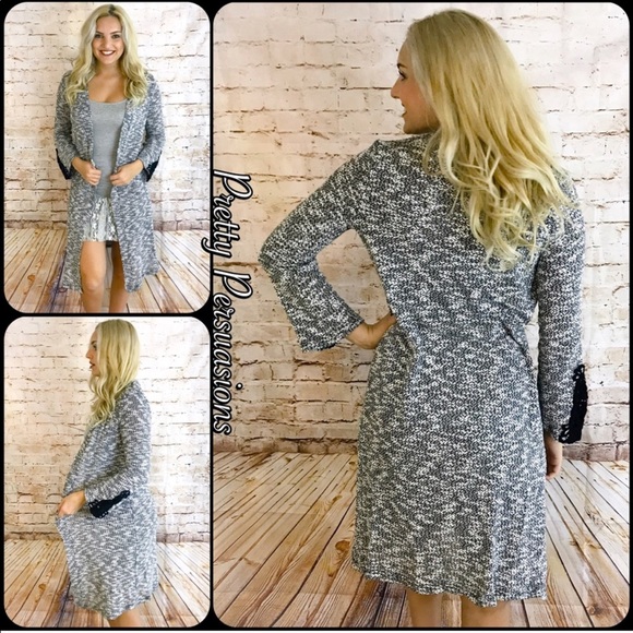 NWT Black Slub Knit Crochet Cuff Long Cardigan - Picture 3 of 8